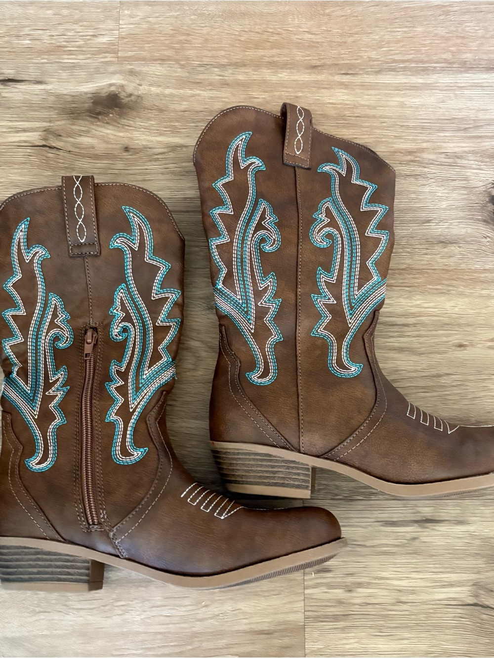 Brown Western Cowboy Boots with Turquoise Stitching - girls